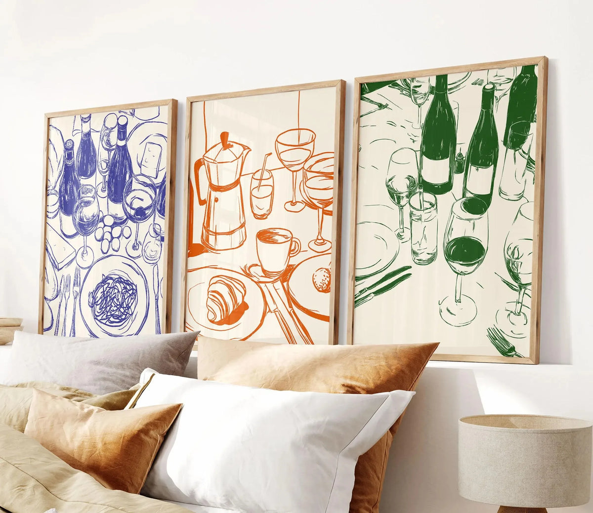 affiche art moderne toile illustration bouteilles verres assiettes chanson blanc bleu vert orange