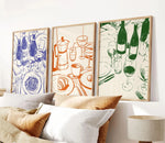 affiche art moderne toile illustration bouteilles verres assiettes chanson blanc bleu vert orange