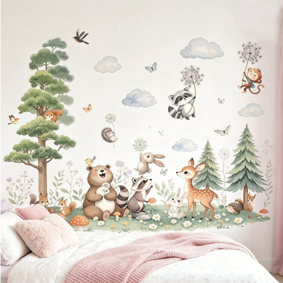 stickers muraux animaux forêt nuages papillons dessin animé adhésifs vert blanc bleu beige