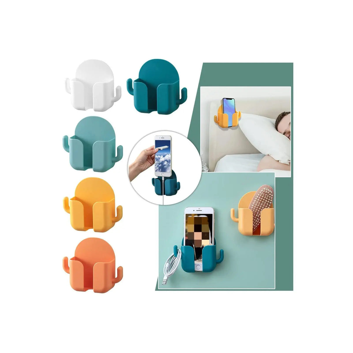 porte telephone mural adhésif cactus moderne blanc bleu orange jaune charge filaire télécommande