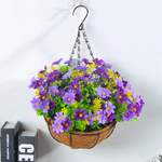 paniers suspendus fleurs artificielles jaunes violet bleu rouge blanc vert fibres naturelles patio jardinintérieur
