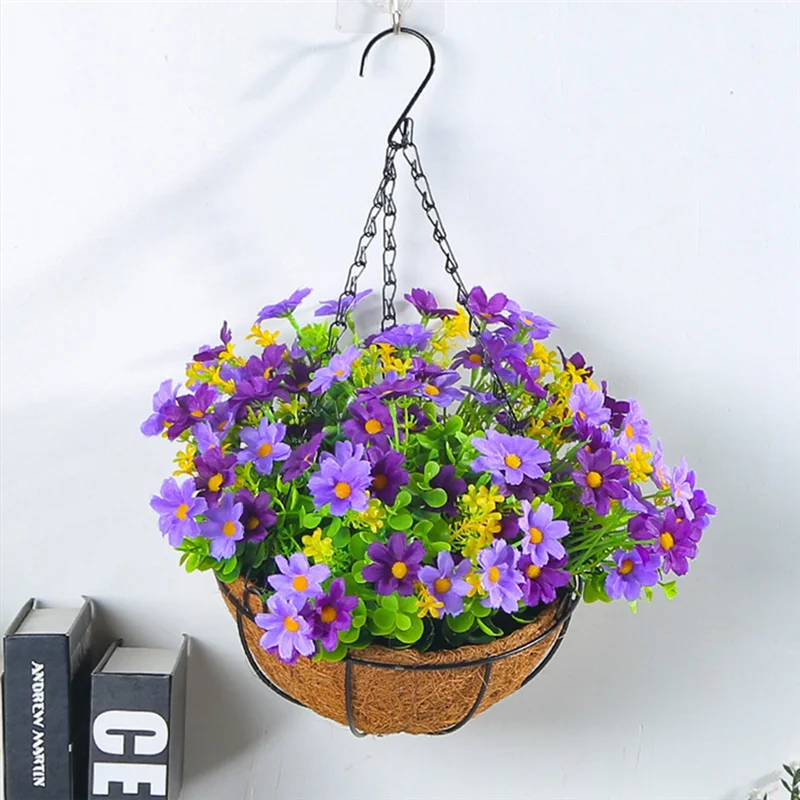paniers suspendus fleurs artificielles jaunes violet bleu rouge blanc vert fibres naturelles patio jardinintérieur