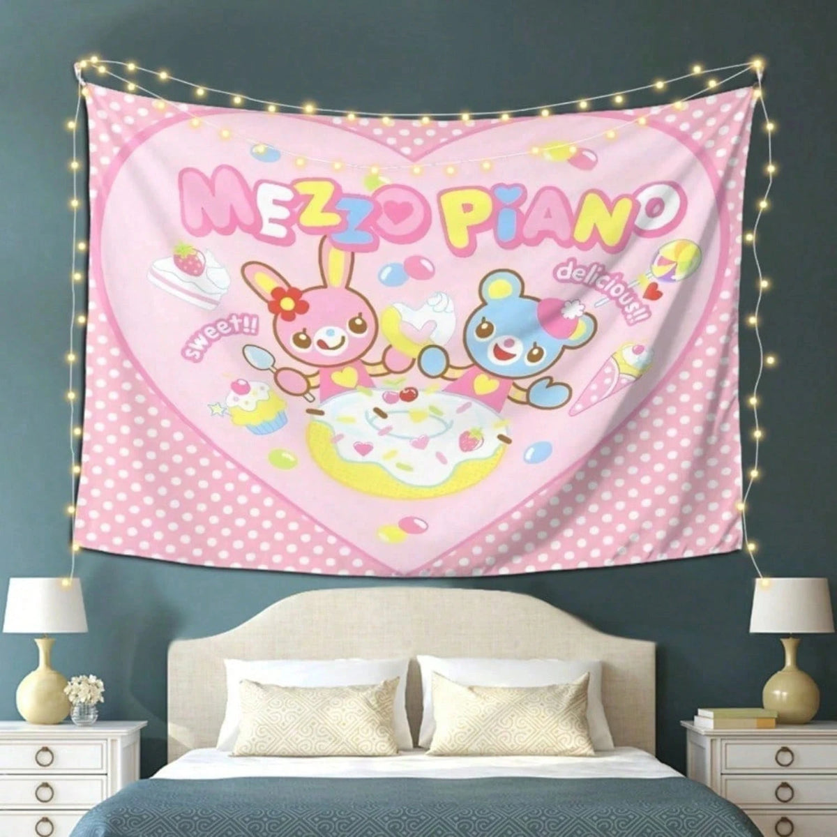 tapisserie murale kawaii motif pois lapin ours gâteaux pastel rose clair cartoon chambre enfant