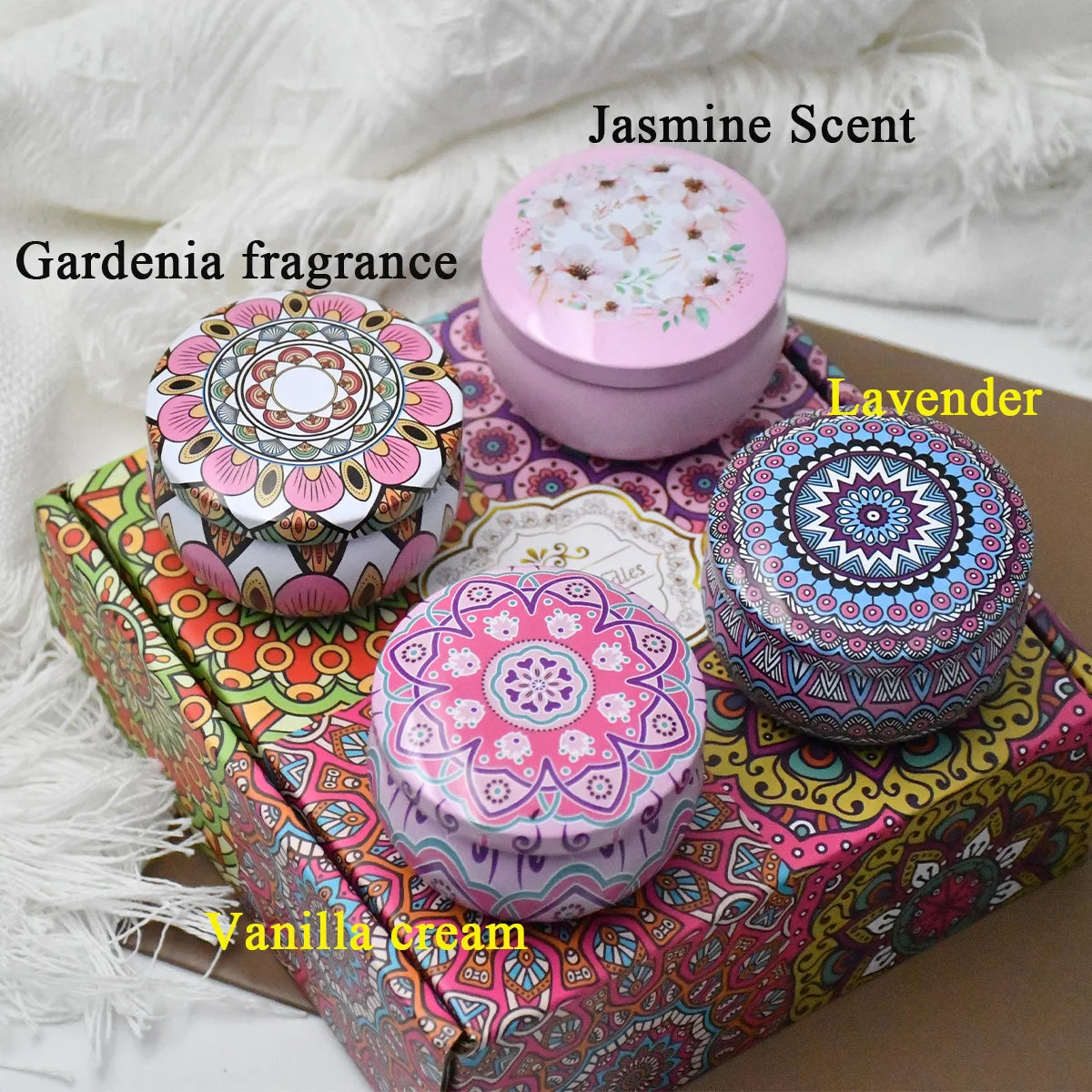 bougies parfumées boho chic motifs floraux violet blanc bleu rouge jaune pack pièces