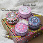 bougies parfumées boho chic motifs floraux violet blanc bleu rouge jaune pack pièces