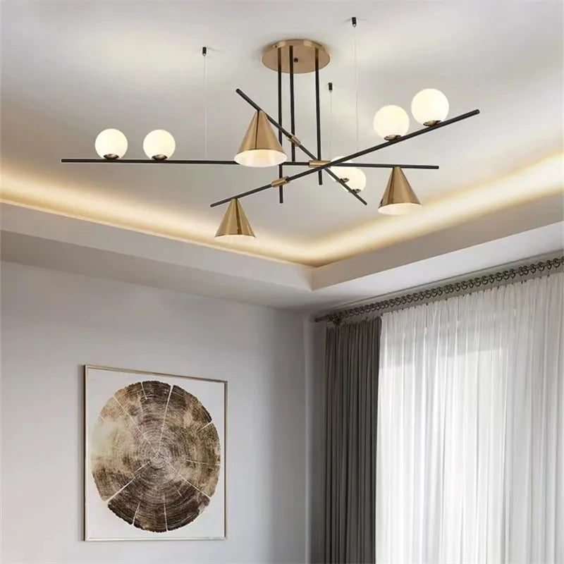 lustre suspension moderne noir doré ampoules sphériques coniques cuisine salon