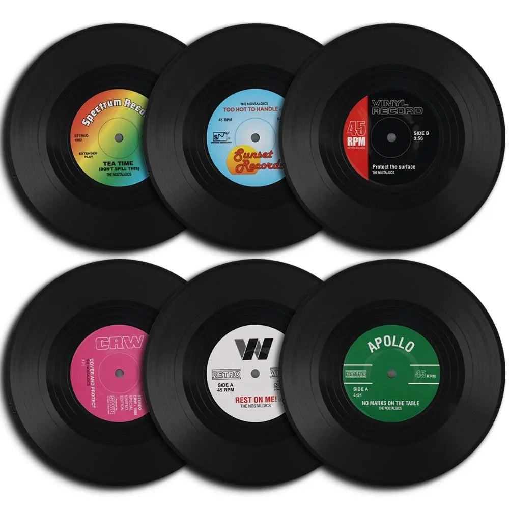 coasters vintage noir disques vinyle rétro table boissons environnement respectueux set 12 pièces
