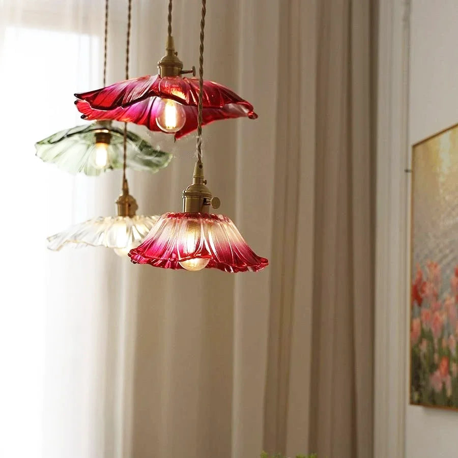 lampe suspendue moderne vintage fleur translucide rouge vert blanc chaîne ampoule