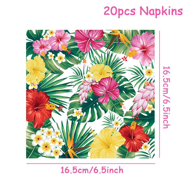 assiettes jetables motifs tropicaux fleurs hibiscus feuilles palmier serviettes table napkins fête anniversaire enfants