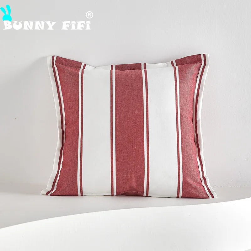 coussin carré rouge blanc rayures moderne tissage fin polyester coton tassels bord pressé occlusif
