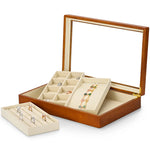 boîte bijoux bois marron clair intérieur beige simili cuir rangement display stackable organizer anneaux