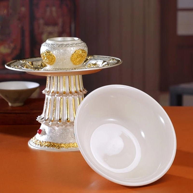 support bol or argenté orné gemmes élégant luxueux traditionnel bol blanc inclusion