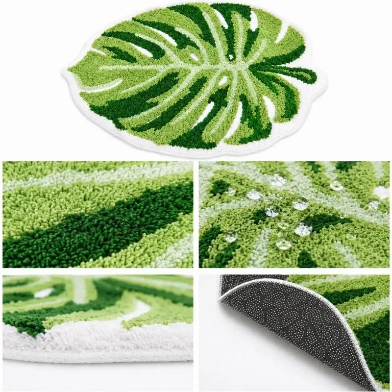 tapis sol vert blanc feuille monstera texture moelleuse moderne antidérapant adhésif salon chambre