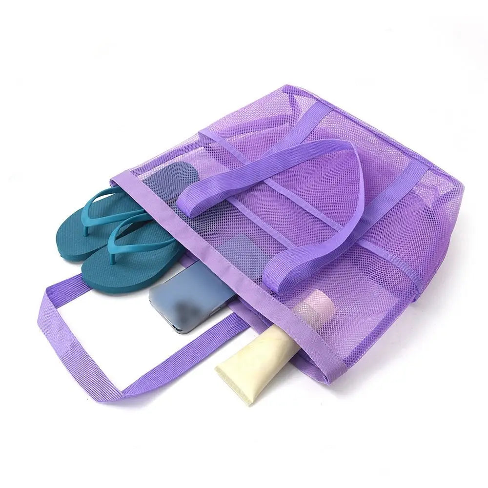 Sac plage violet noir bleu clair vert rose maille respirante réutilisable moderne poignées
