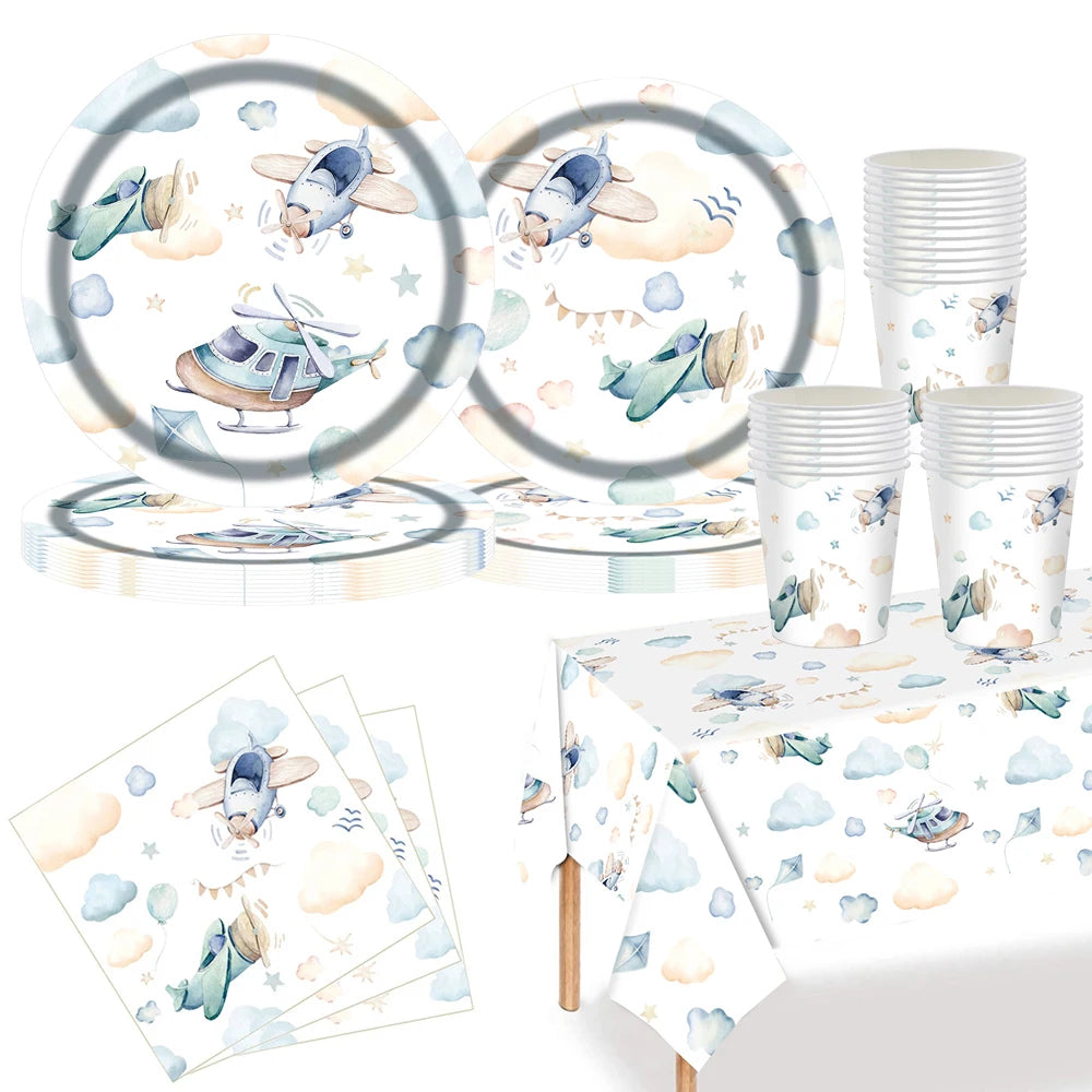 assiettes avion illustration serviettes gobelets nappe enfant anniversaire decoration theme vintage festivite