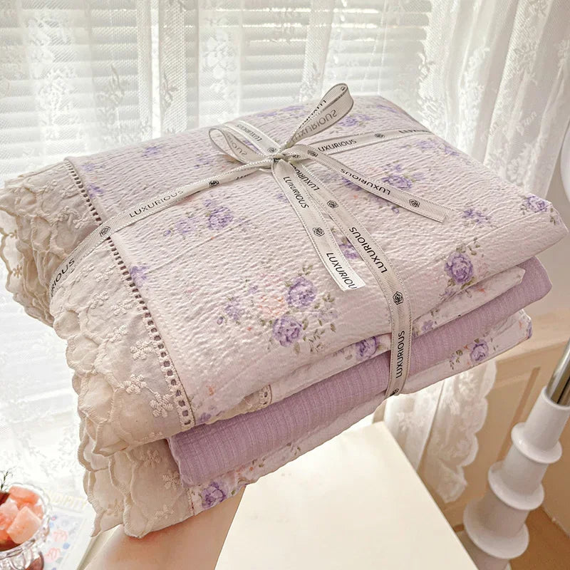 ensemble literie fleuri coton 100% blanc pastel romantique taies d'oreiller drap plat