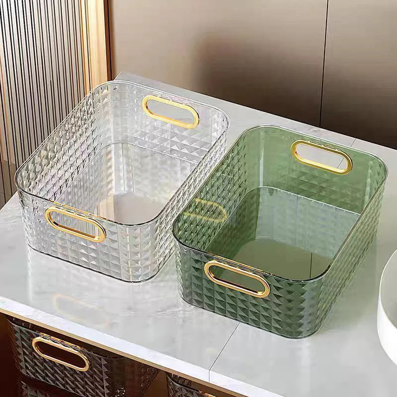 boîtes rangement transparentes paniers minimalistes poignées métalliques dorées moderne texture géométrique