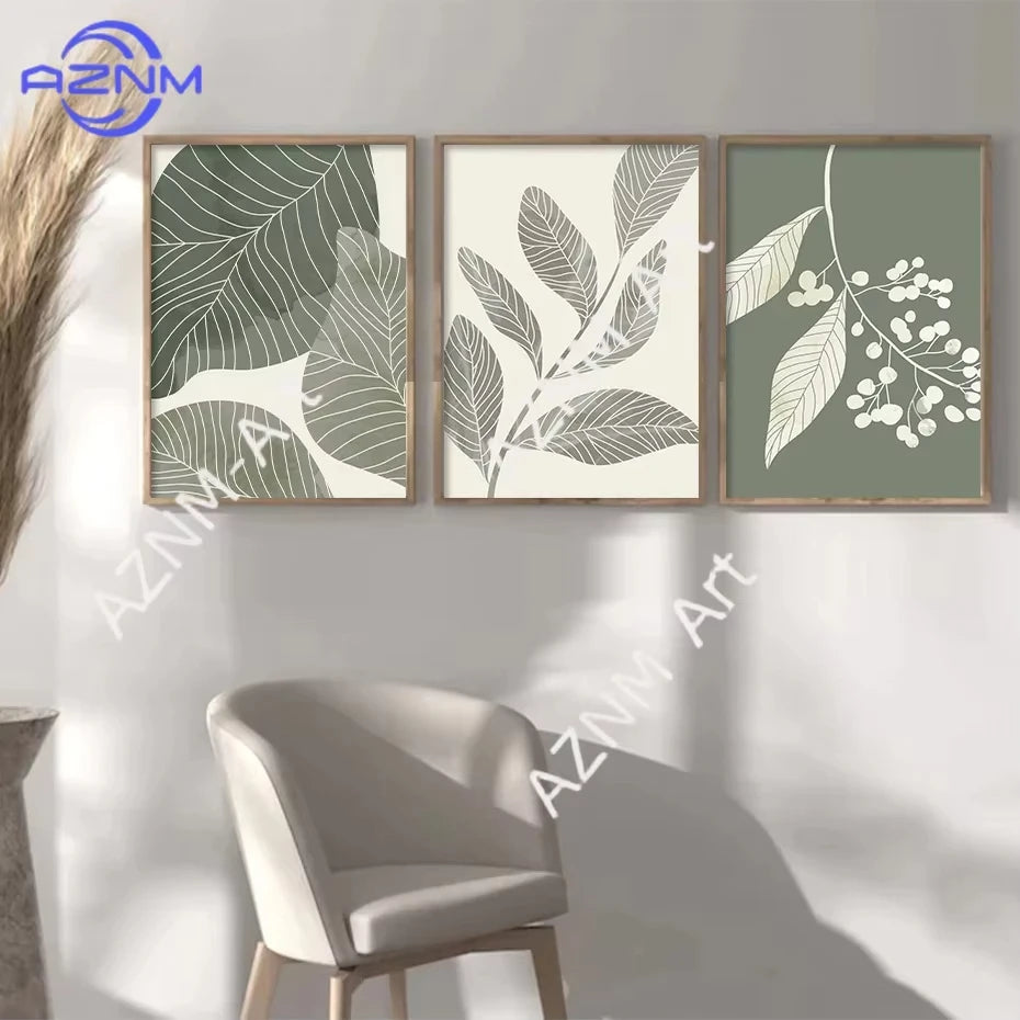 affiches abstraites modernes feuilles stylisées verte olive minimaliste salon chambre