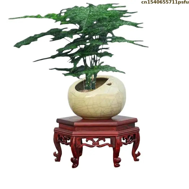 Support plantes bois rose classique plateau carré pieds sculptés marron clair naturel decoration fleurs