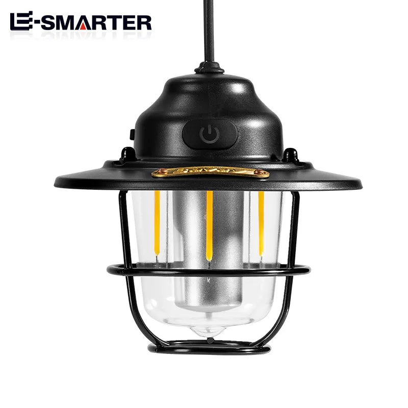 lampe camping vintage robuste noir beige gris métal verre transparent rechargeableextérieur camping portable