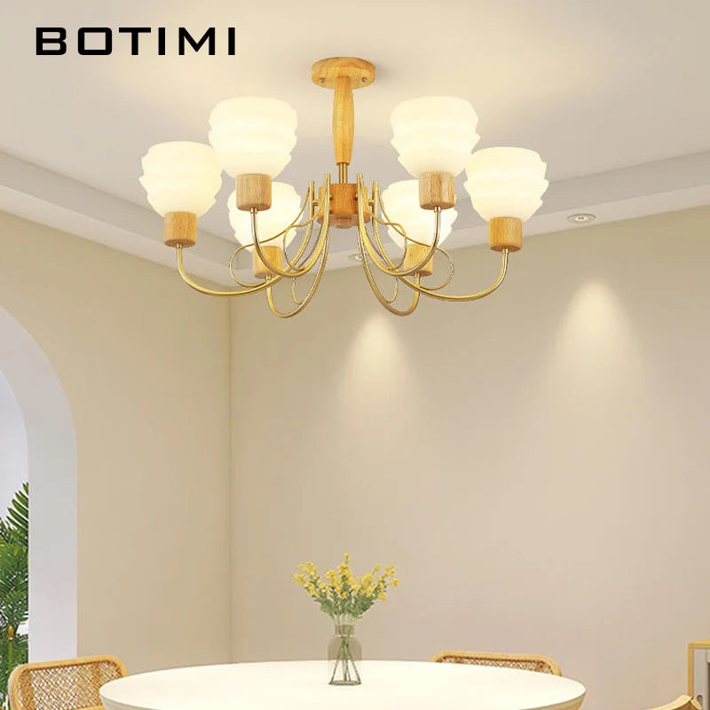 lustre moderne bois abat jour dépoli lumière douce chambre salon six lumières