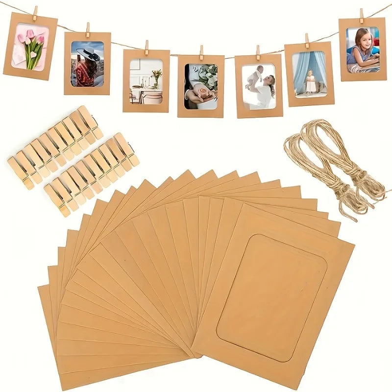 cadres photo papier kraft vintage clips bois cordelette décoration mur anniversaire mariage fêtes
