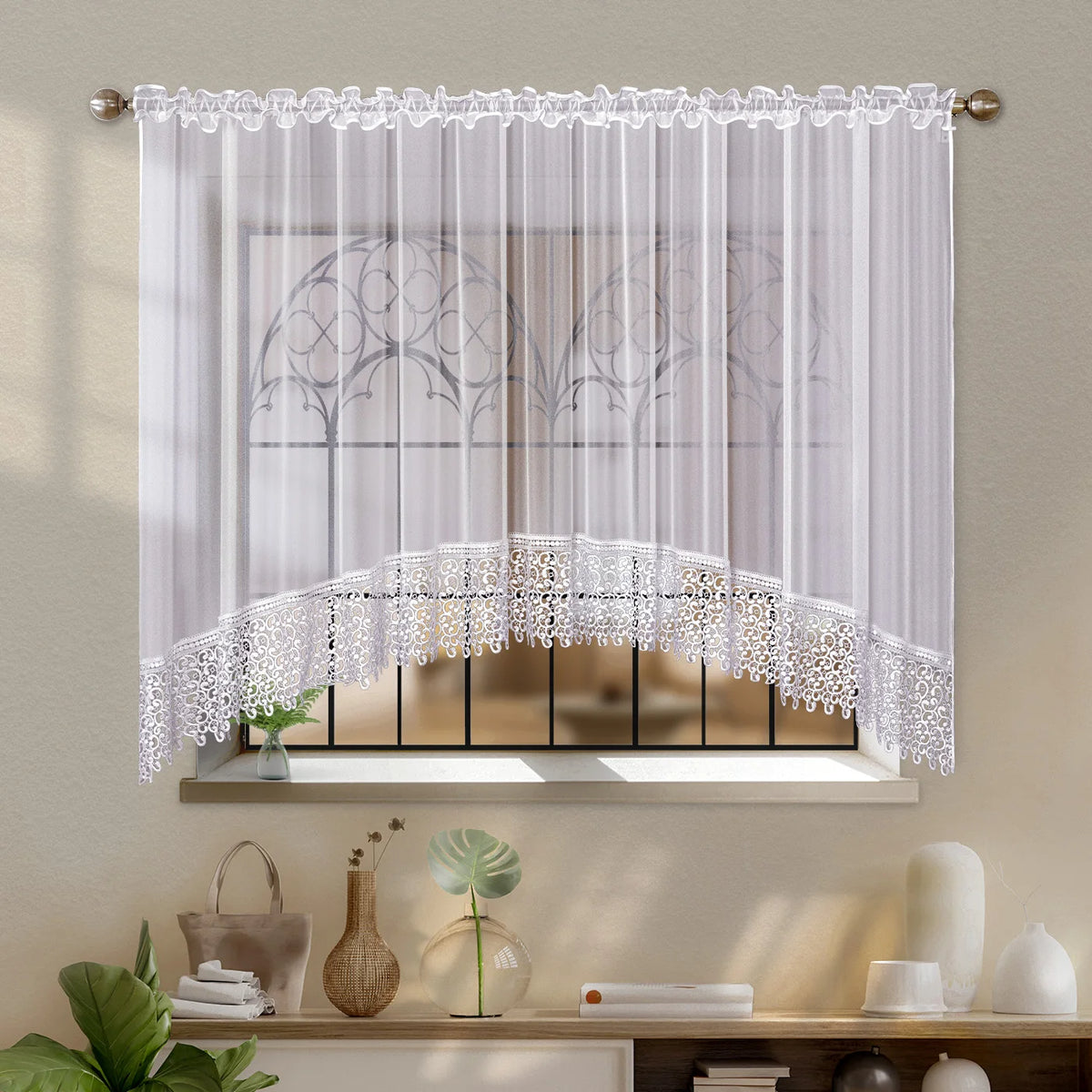 rideau blanc dentelle transparent salon polyester uv resistant classique anneaux