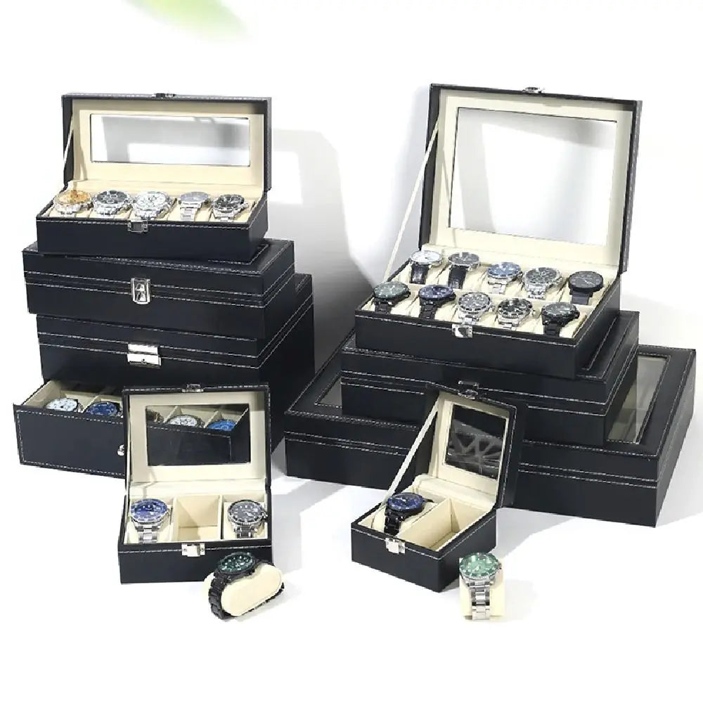 boîtes montres simili cuir noir classiques cadenas grilles variées rangement sécurisé