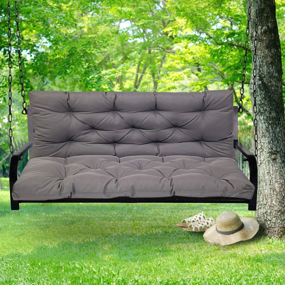 coussin balançoire extérieur gris capitonné imperméable rubans fixation banc jardin moderne