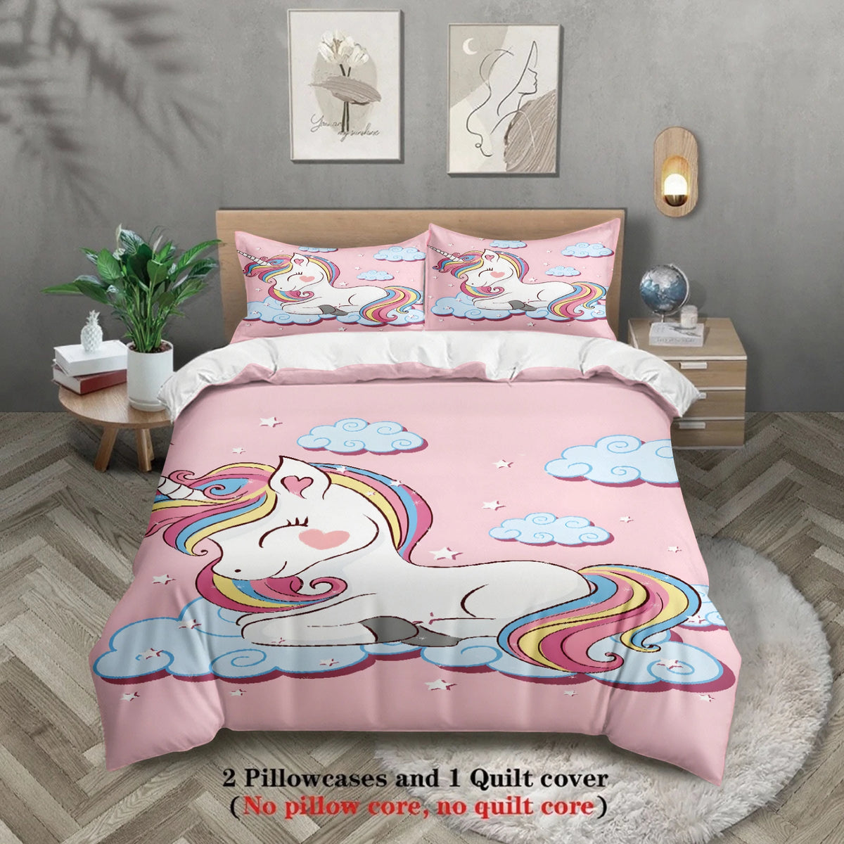 housse couette licorne nuages étoiles rose blanc enfant taies d'oreiller polyester motifs fantaisie chambre