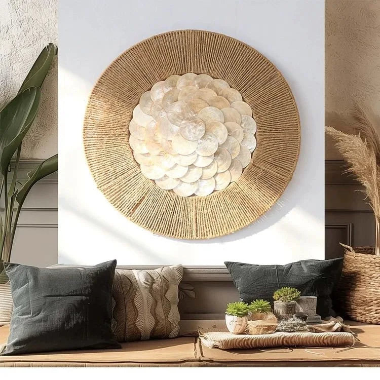 décoration murale boho chic circulaire motif floral rayures concentriques couleur beige blanc suspension murale