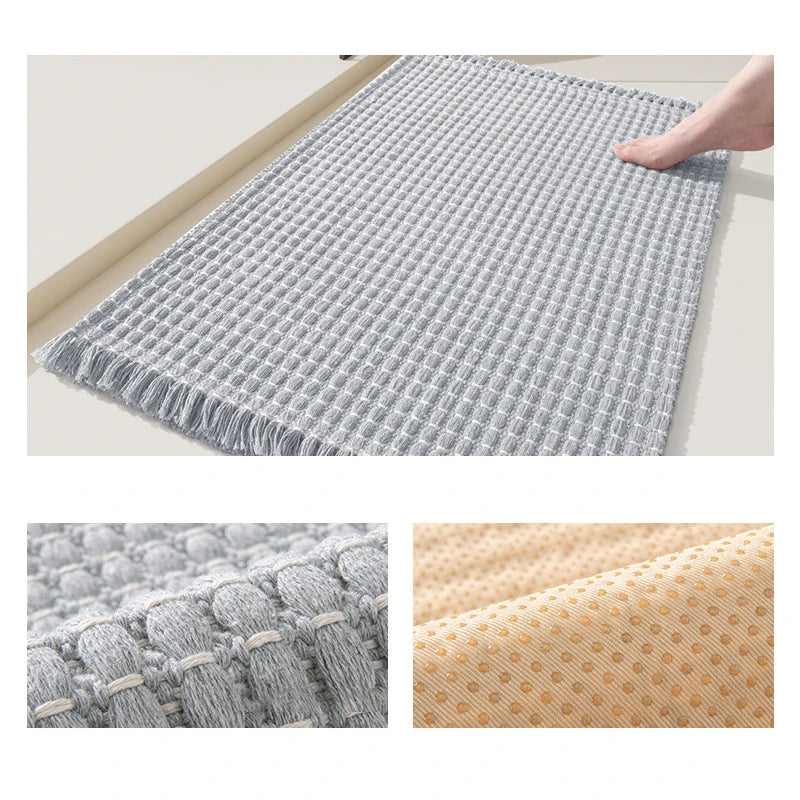 tapis bain microfibre moderne franges beige gris absorbant respectueux environnement