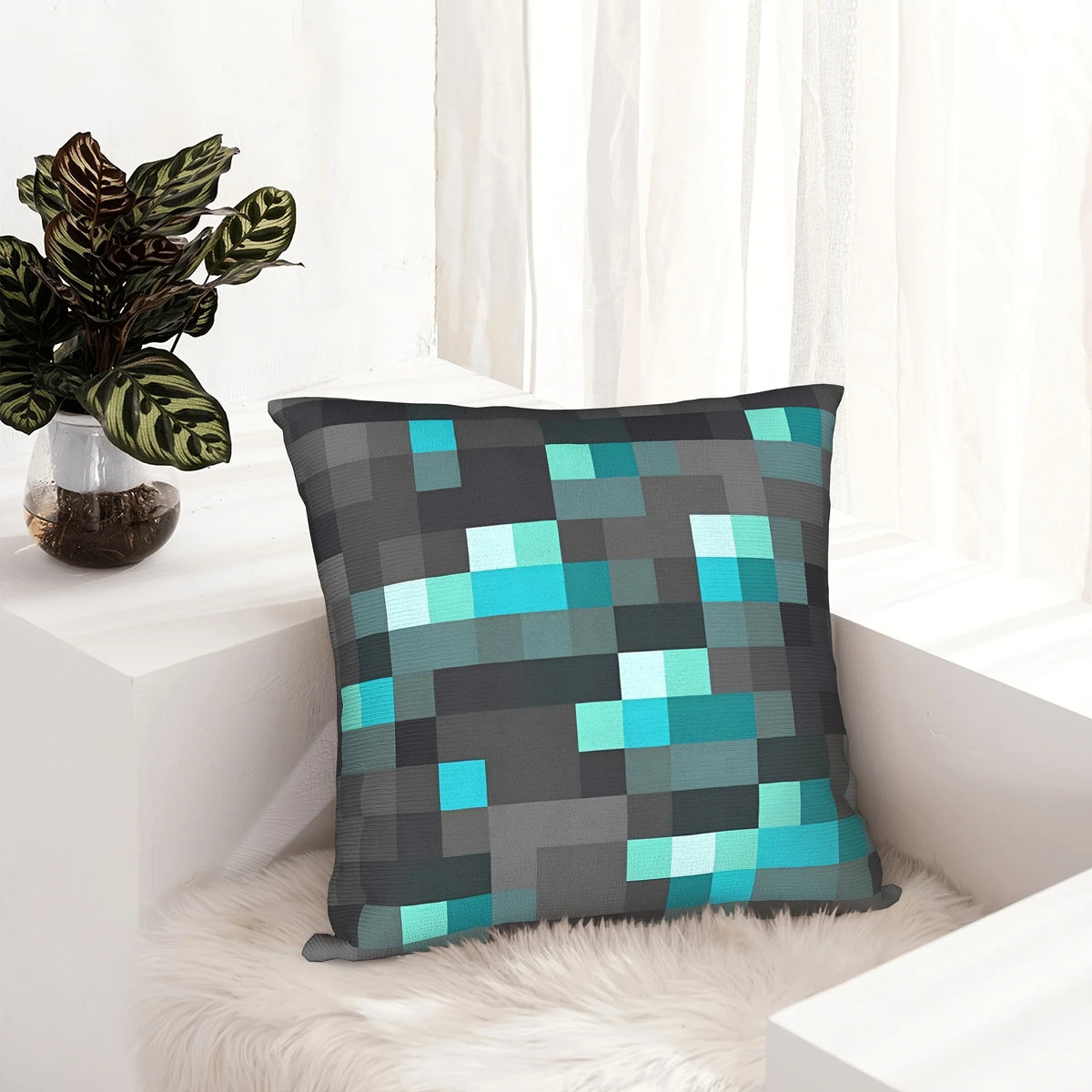 housse coussin carré moderne motif géométrique bleu gris noir polyester lit décoration chambre enfant