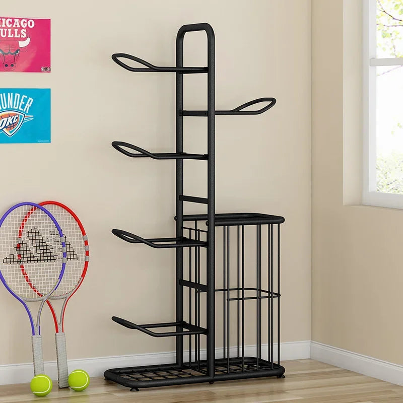 support rangement sport blanc noir doré raquettes balles tennis volleyball moderne minimaliste