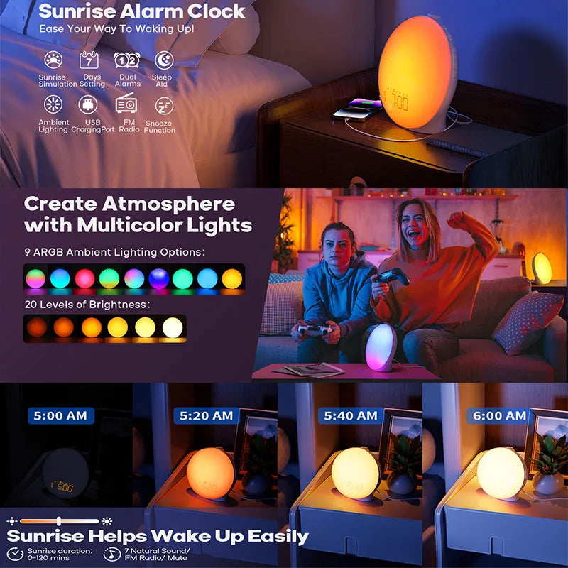 réveil lumineux radio numérique sons naturels ambre blanc chargeur usb horloge moderne led plasma