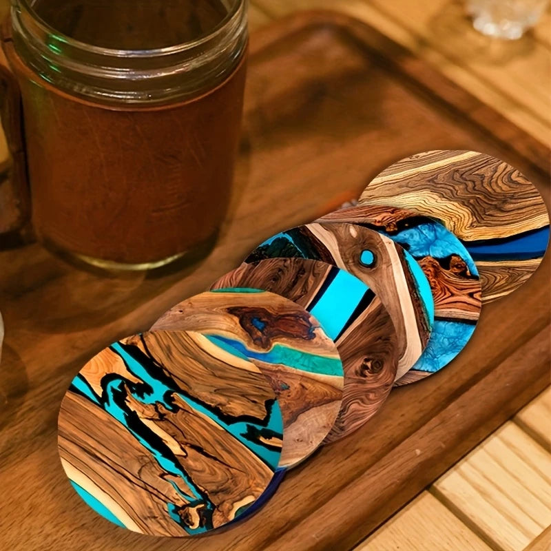 coasters bois naturel moderne 10cm marron bleu turquoise décoration table maison respectueux environnement