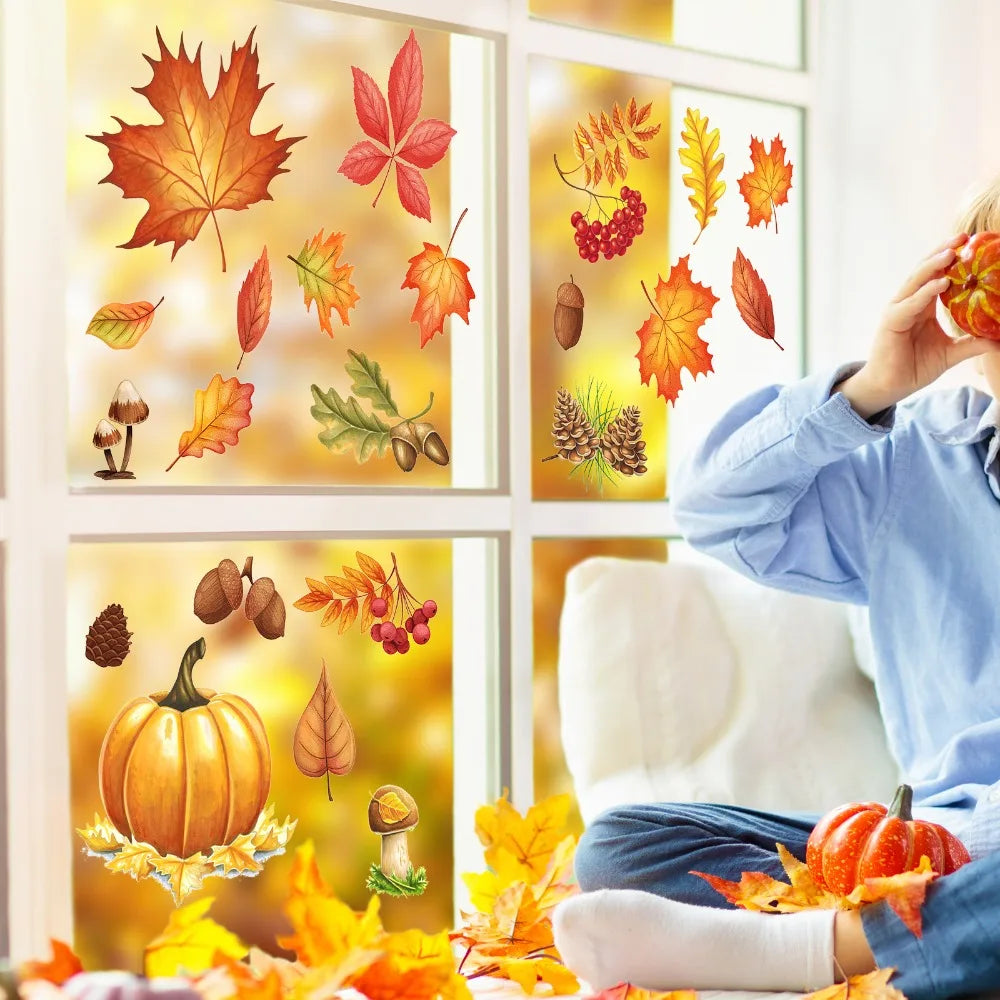 décoration fenêtre automne feuilles glands citrouille adhésif orange rouge jaune vert brun 20x30cm 5feuilles