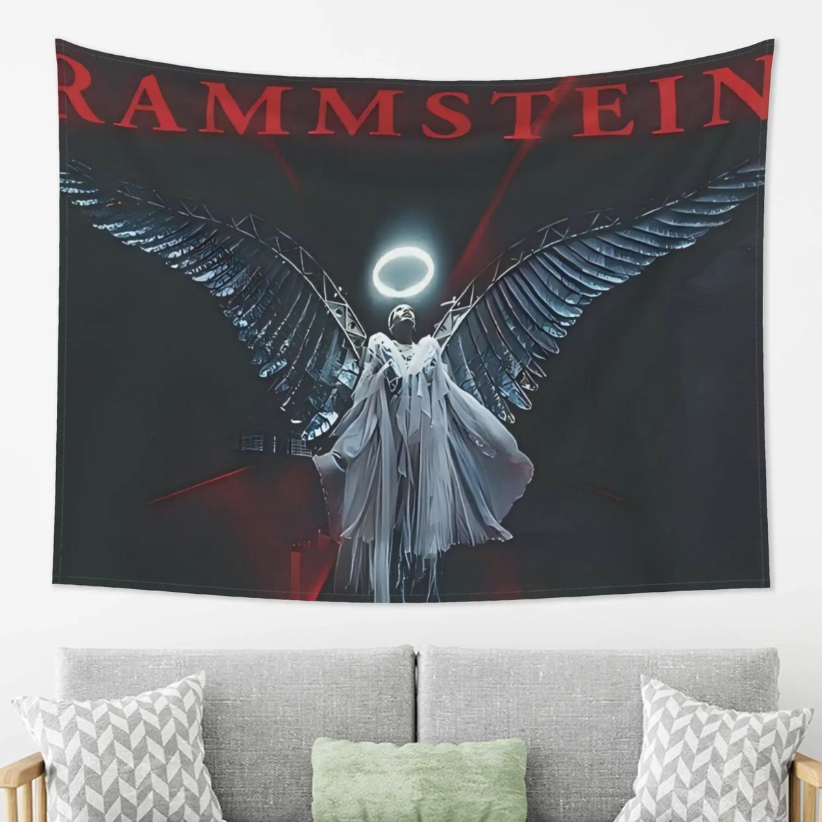 tapisserie angel noir gris blanche ailes halo art contemporain décoration mur imprimée polyestère machine