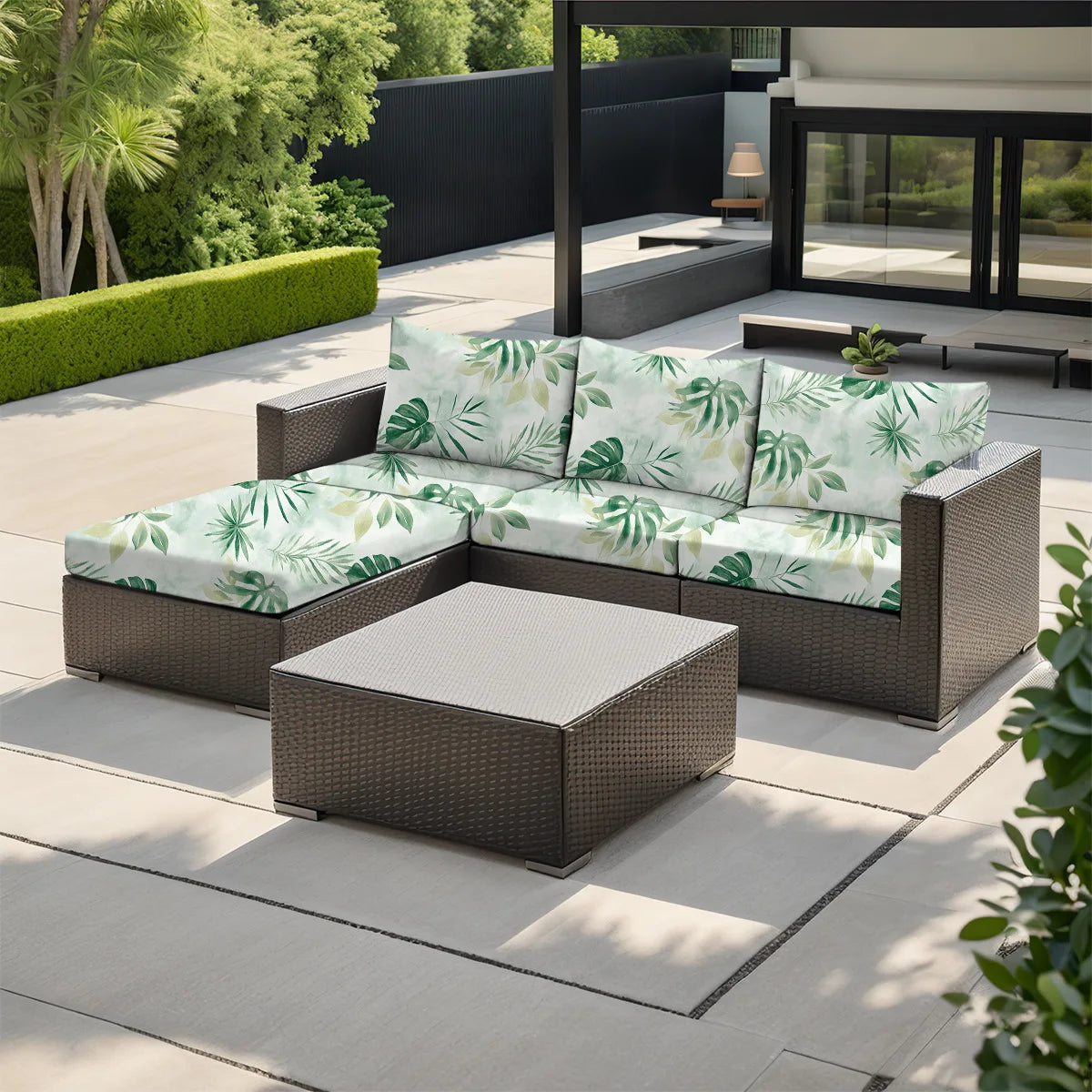 housses canapé extérieur impression tropicale feuilles fleurs gris foncé moderne lavable coussins table basse