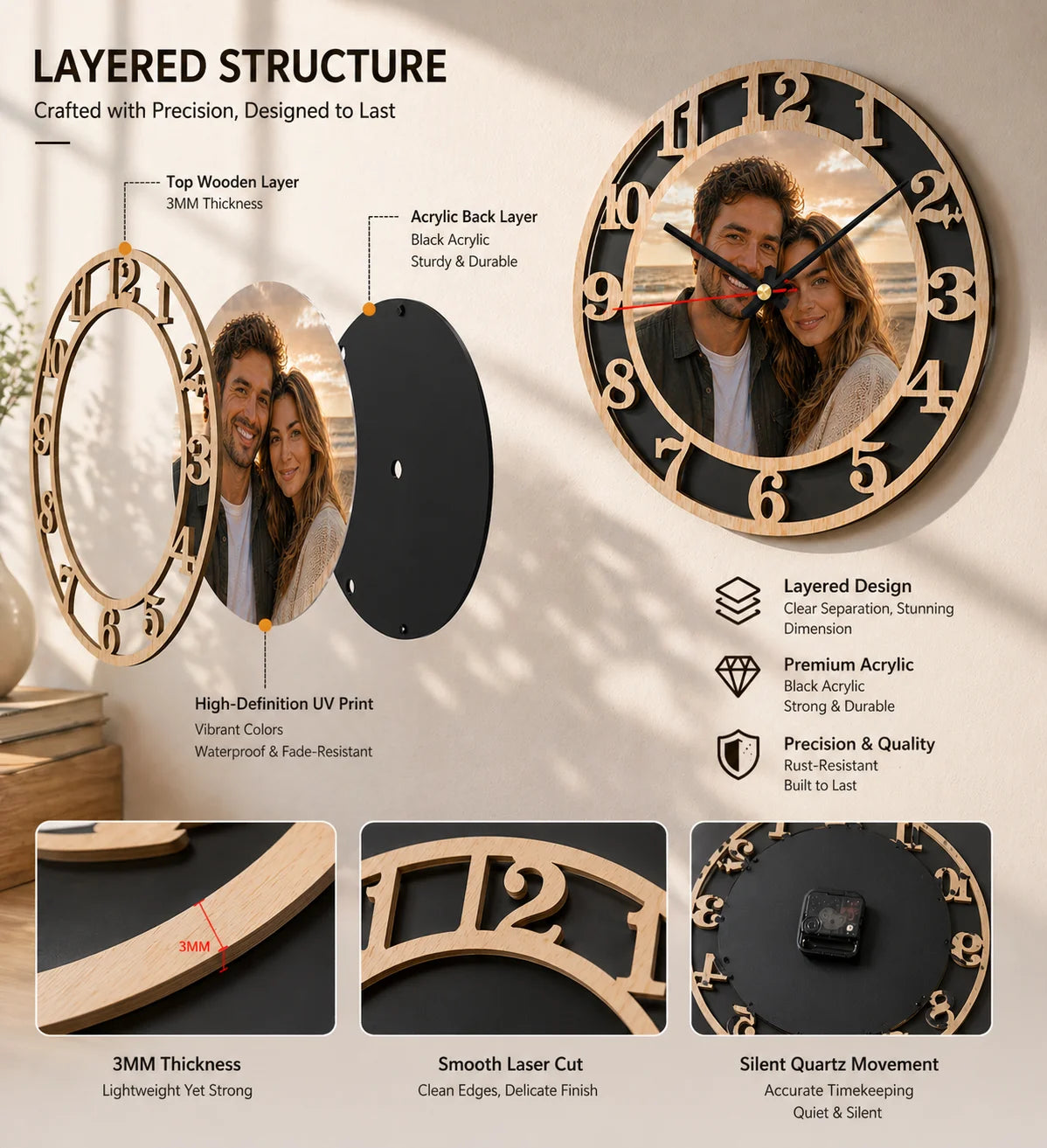 horloge murale personnalisable photo aiguille silencieuse bois acrylique décoration maison quartz UV haute définition