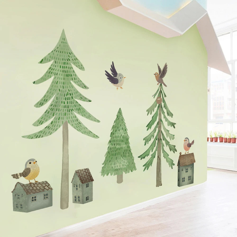 sticker mural arbre forêt oiseau maison voiture enfant illustration scandinave chambre decoration