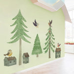 sticker mural arbre forêt oiseau maison voiture enfant illustration scandinave chambre decoration