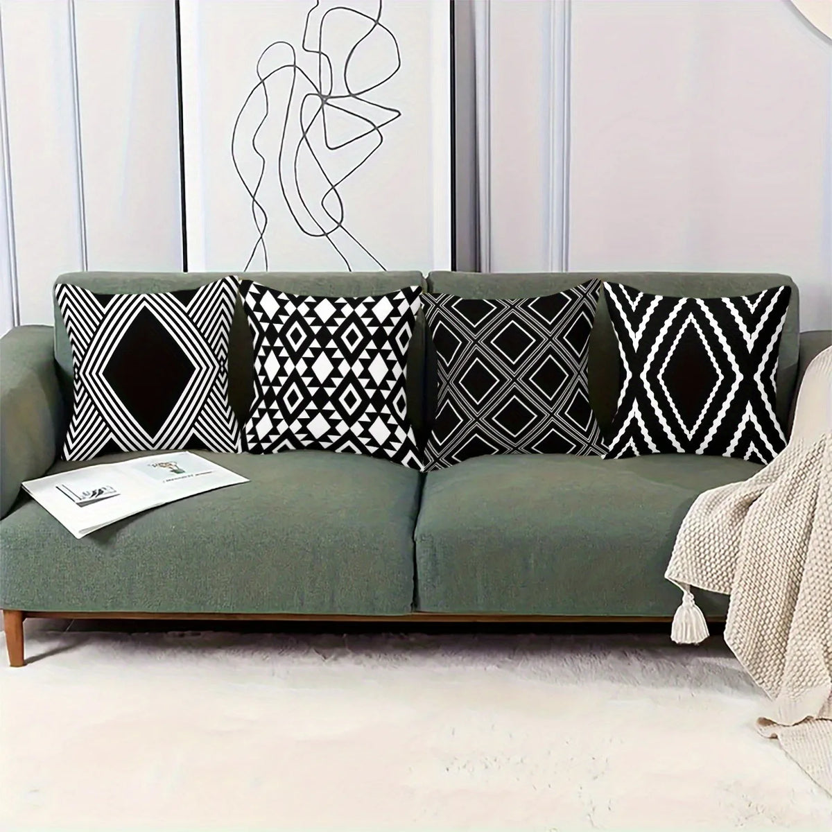 housse coussin polyester motif géométrique noir blanc moderne lit salon voiture