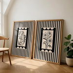 toiles impression abstrait moderne minimaliste rayures fleurs stylisées clips crochets vert clair beige noir