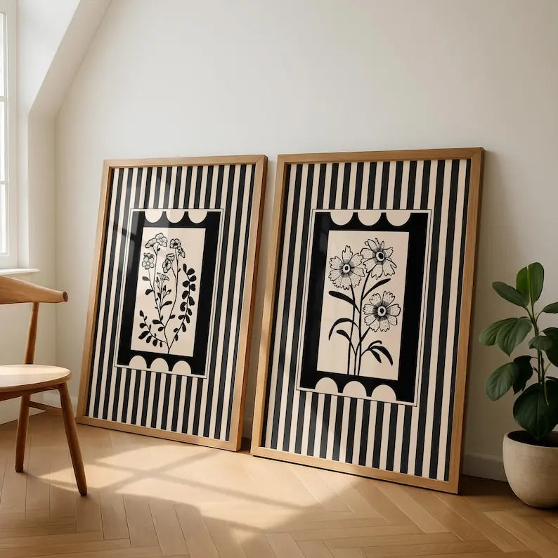 toiles impression abstrait moderne minimaliste rayures fleurs stylisées clips crochets vert clair beige noir