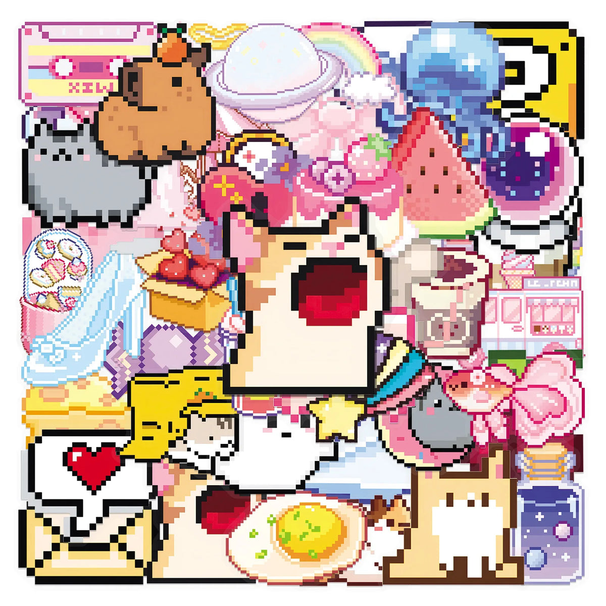 sticker pixel art kawaii multicolore animaux motifs mignons scrapbooking diy journal coque téléphone