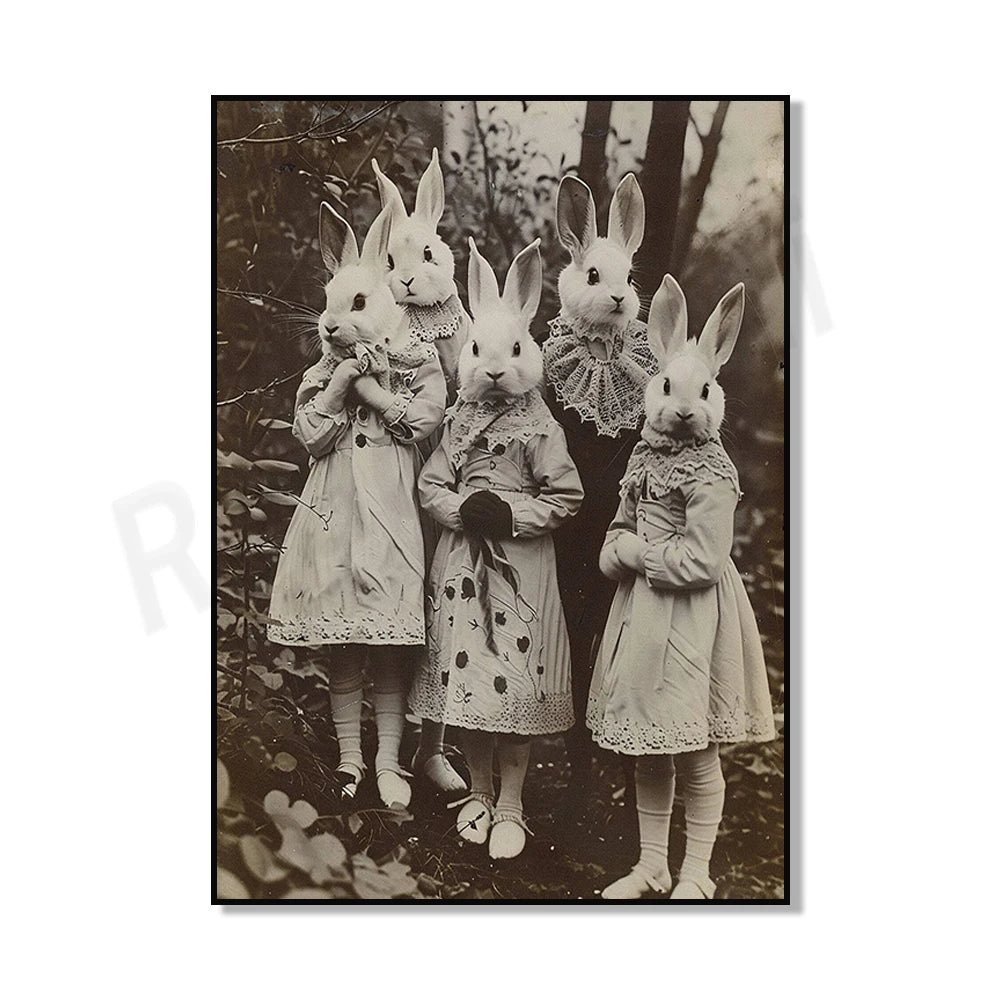 Une image noir et blanc montrant quatre lapins anthropomorphiques vêtus de costumes et posant dans un environnement forestier.