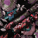 tissu brodé fleurs sequins polyester noir violet rouge vert bleu or opaquet