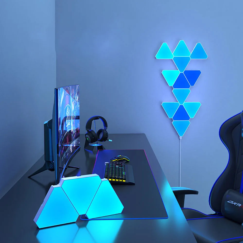 lampe led modulable hexagonale geometrique bleu blanc jaune contemporaine minimaliste fixee adhésive télécommande