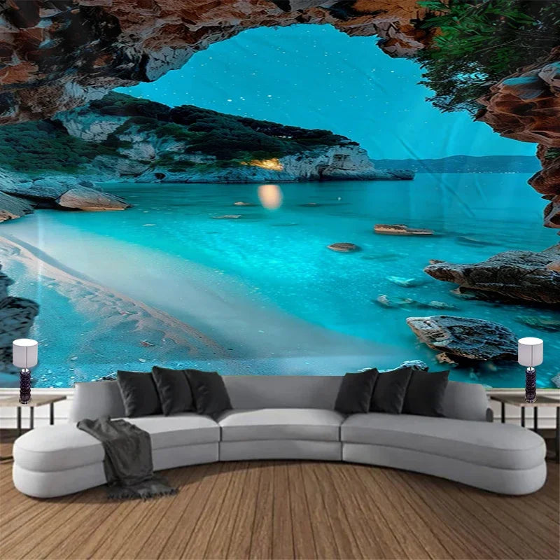 tapisserie murale bohème paysage marin rochers vagues plage bleu gris beige vert
